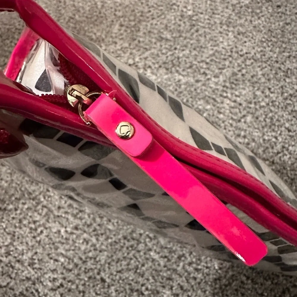 KATE SPADE Colin Makeup Bag Plastic Coating Hot Pink Black Bows White Zip